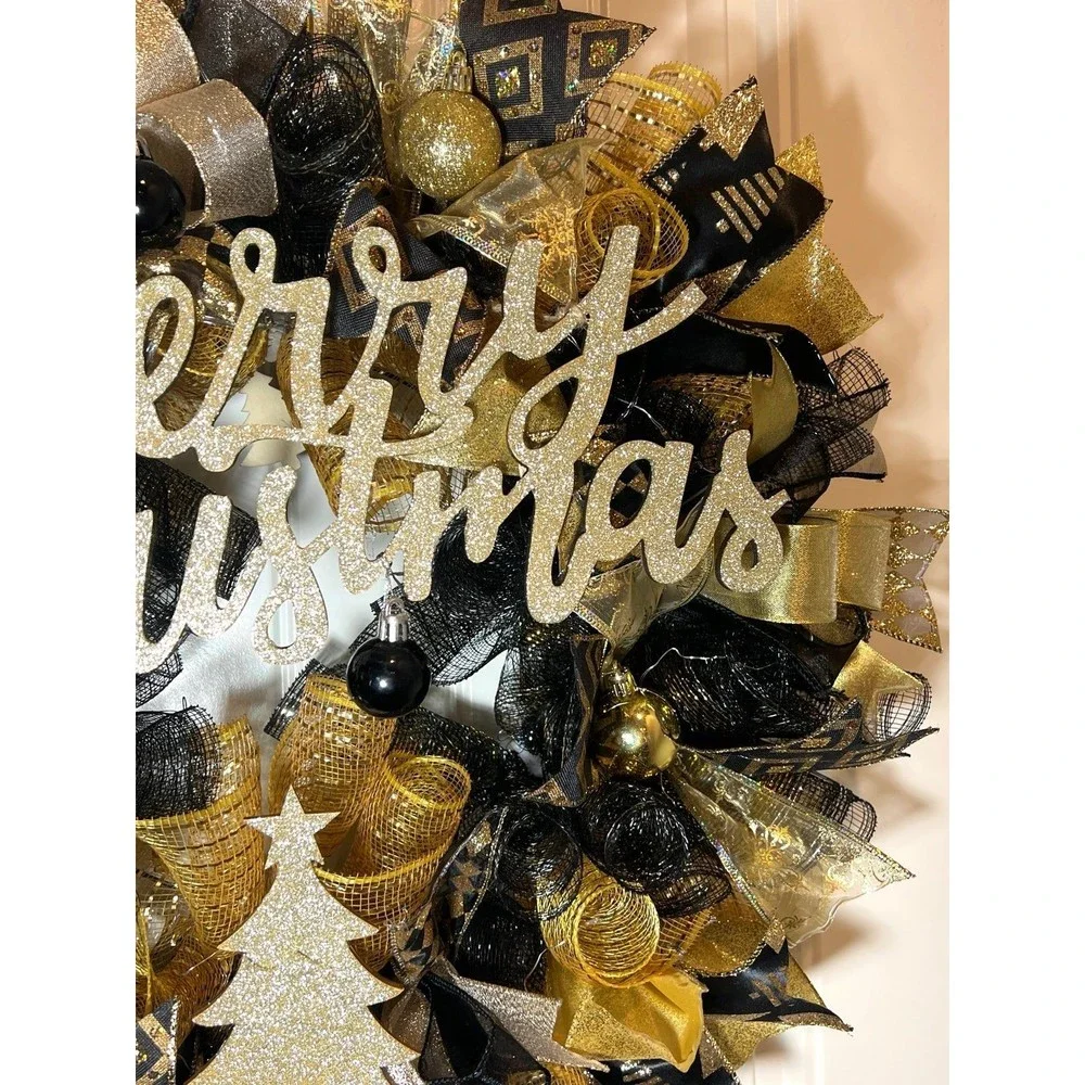 Black & Gold Merry Christmas Tree Ribbon Door Wreath Handmade 22 ins LED W24
